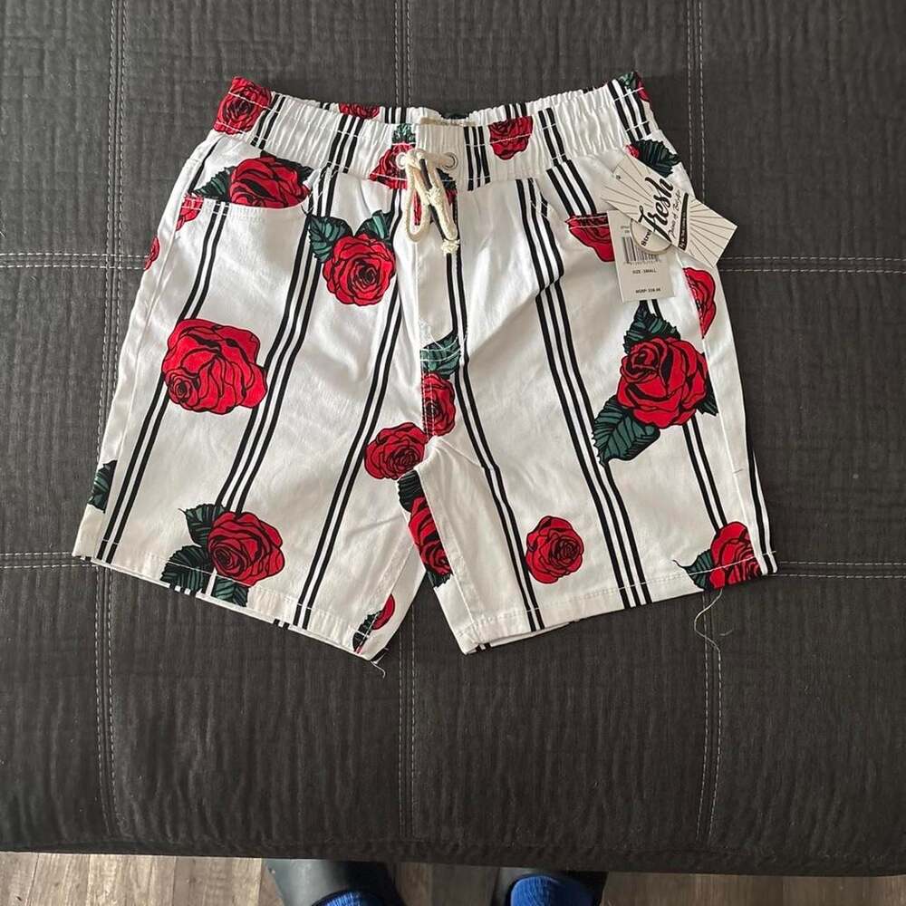 Fresh Rose Print Drawstring Swim Trunks